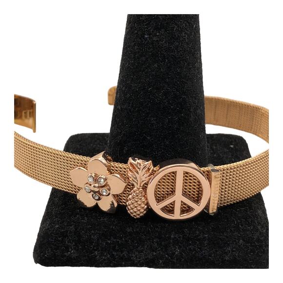 Aphrodite NIB Rose Gold Mesh Charm Bracelet Peace Sign, Pineapple, Flower Charms - Picture 3 of 16
